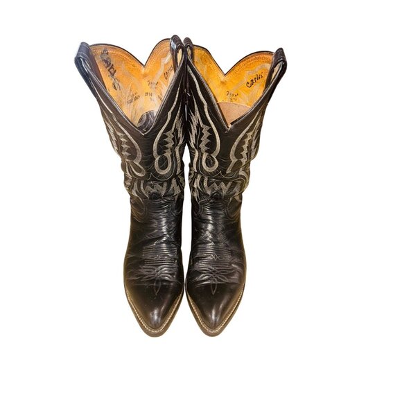 Vintage Tony Lama Polished Black Leather Western Cowboy Boots Mens Size 9.5 B - Picture 10 of 10